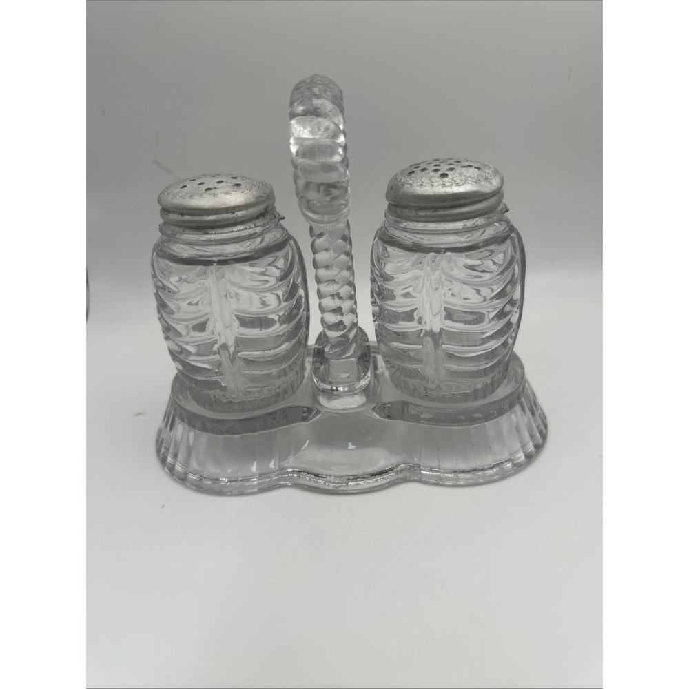 Vintage Glass Salt and Pepper Shakers with Glass Holder